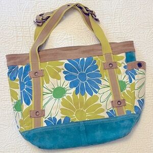 Lucky Brand Floral Canvas and Suede Tote Bag - Blue, Green, Brown